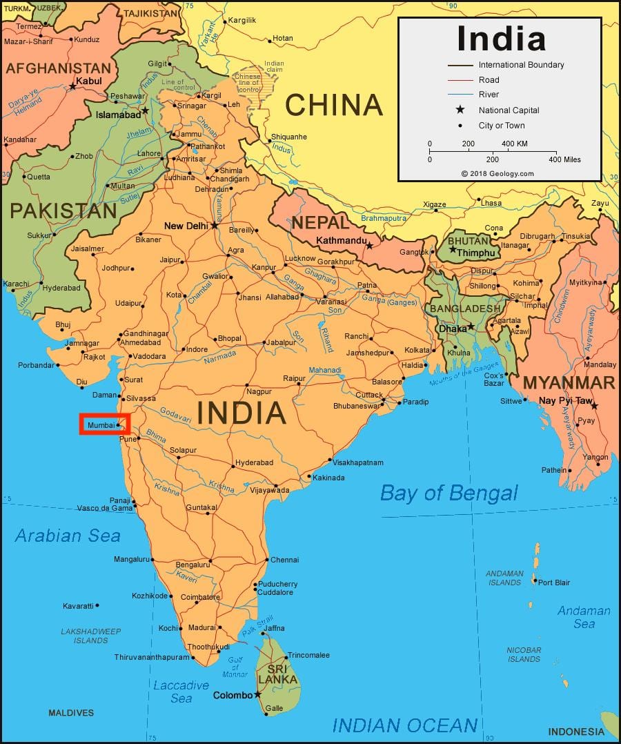 Mumbai - Bombaim no mapa de Maharashtra - Índia
